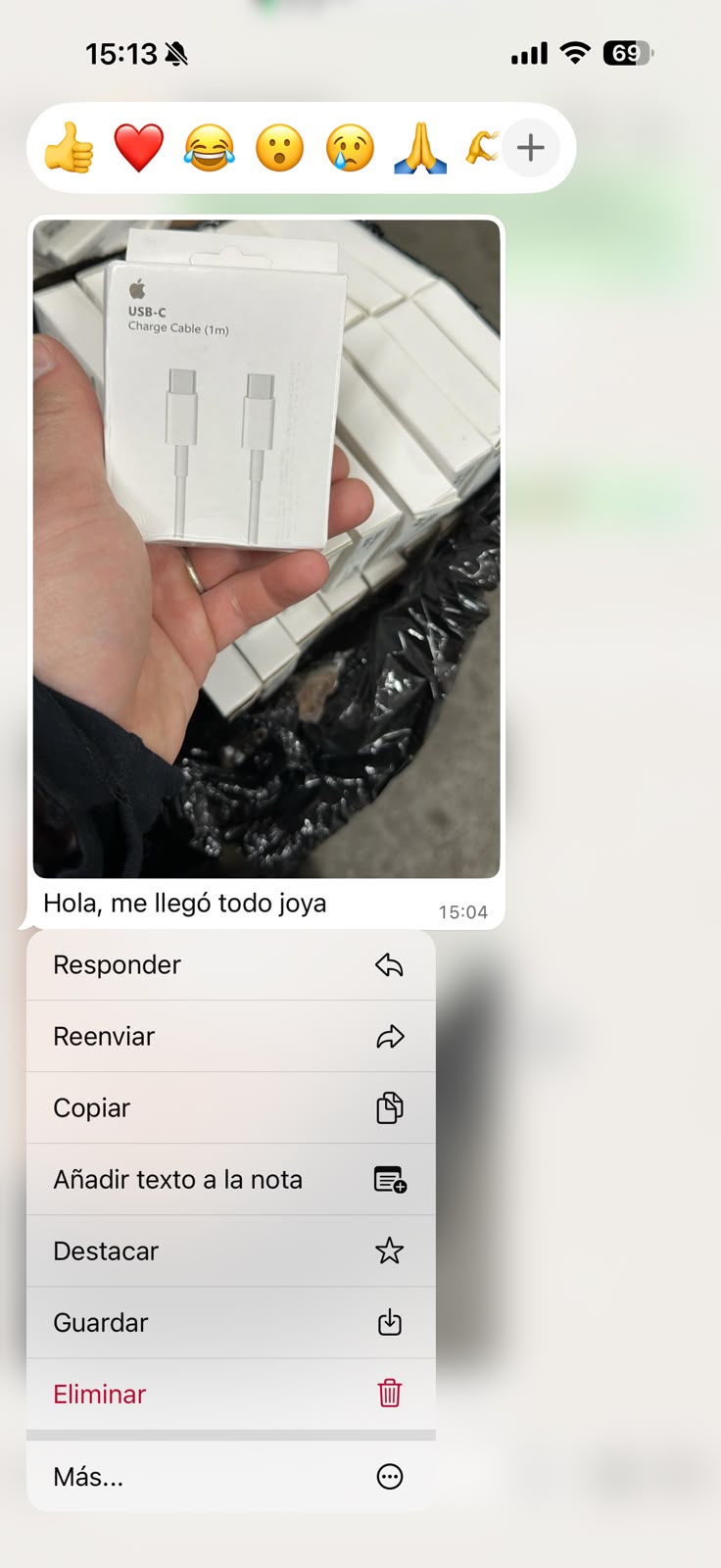 Cliente confirmando que llegaron los cables USB-C en perfecto estado